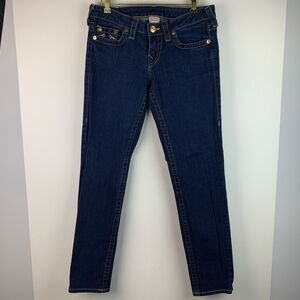 True Religion women’s Y2K navy blue low waist jeans gold chain back pocket Sz 29